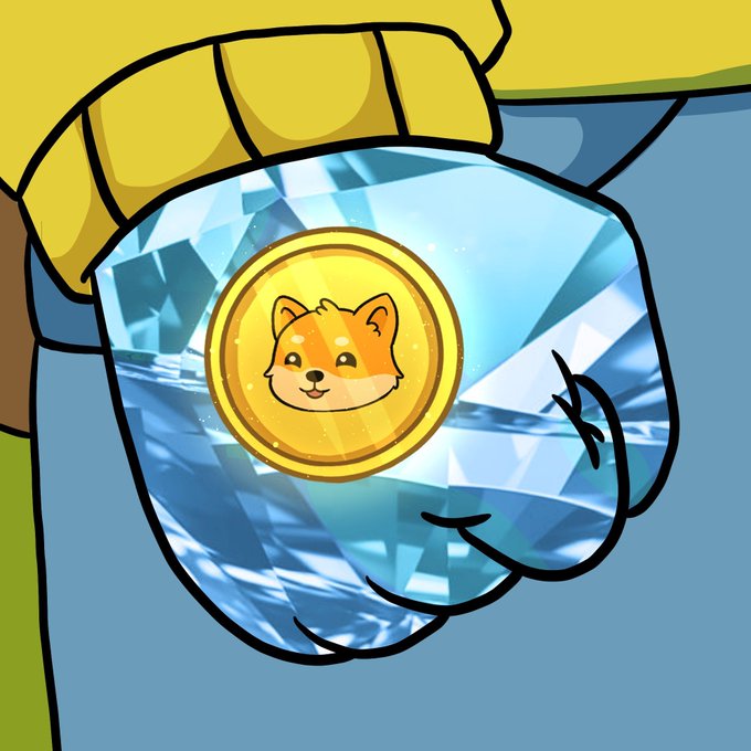 A cartoon illustration of a hand holding a large diamond-shaped gem, inside which is a gold coin featuring a smiling Shiba Inu dog face.