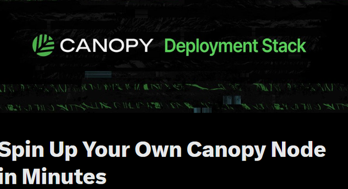 A dark promotional banner for 'CANOPY Deployment Stack' with green accent text reading 'Spin Up Your Own Canopy Node in Minutes' against a textured black background.