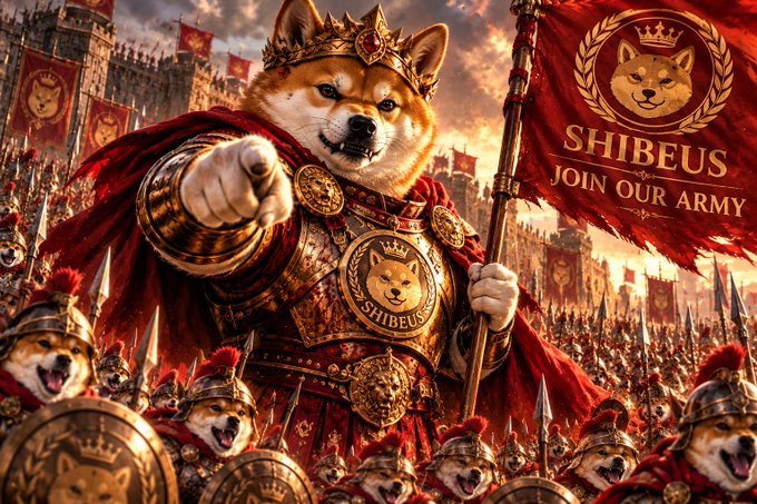A fantasy-style illustration of a Shiba Inu dressed as a Roman gladiator or general leading an army of similar dogs, with a red banner reading 'SHIBEUS JOIN OUR ARMY'.