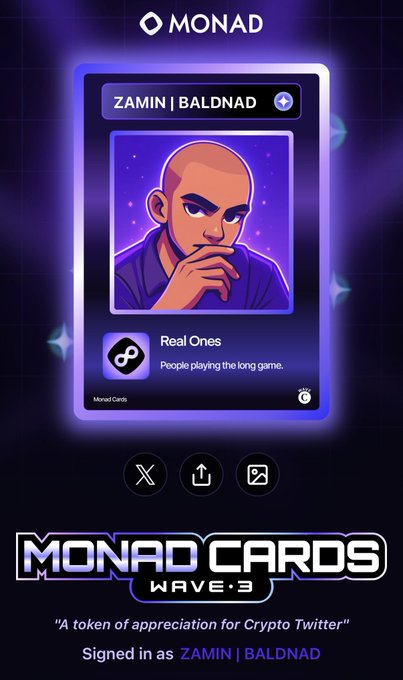 A promotional graphic for 'MONAD CARDS WAVE 3' featuring a digital trading card for 'ZAMIN | BALDNAD' titled 'Real Ones' with the tagline 'A token of appreciation for Crypto Twitter'.