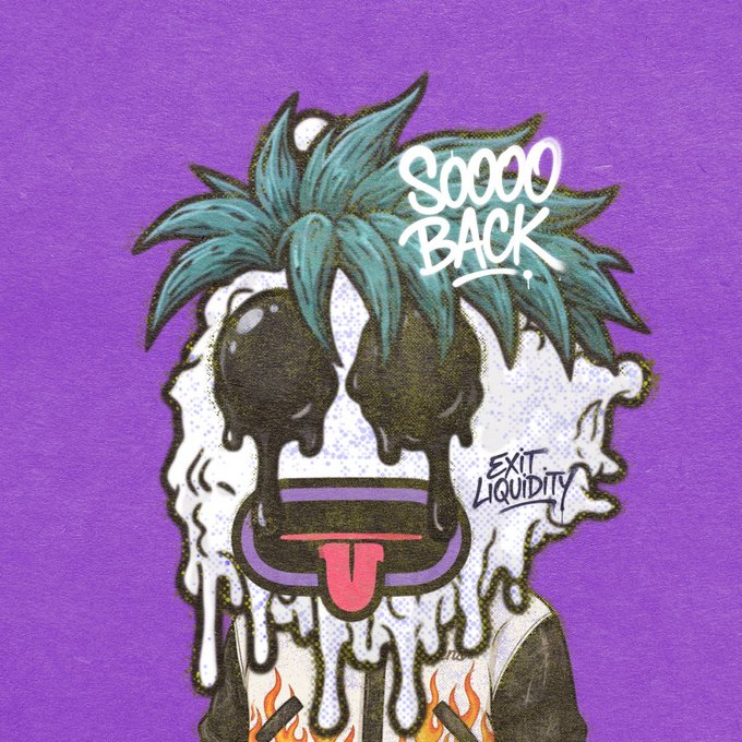 Cartoon NFT character with green spiky hair, melting face, and tongue sticking out, labeled 'SOOOOOO BACK' and 'EXIT LIQUIDITY' on a purple background.