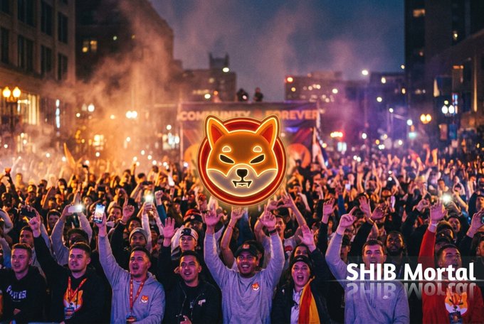 A massive crowd of enthusiastic fans cheers at a nighttime rally, with a large illuminated Shiba Inu dog emblem (representing the SHIB token) glowing prominently above them and "COMMUNITY FOREVER" visible on a banner in the background. The "SHIB Mortal" text overlay reinforces the post's message about SHIB's enduring cultural spirit and community loyalty, illustrating the passionate, almost tribal energy of the meme coin movement.