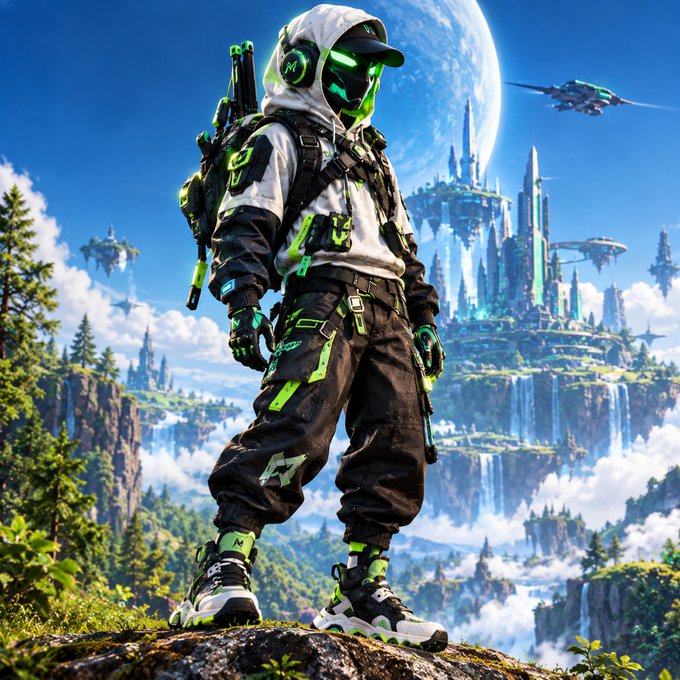 A futuristic, cyberpunk-style character in a white hoodie with neon green accents stands on a cliff overlooking a fantasy landscape with floating islands, castles, and flying vehicles.