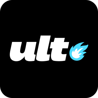 The 'ult' app logo displayed on a black background, featuring a white lowercase wordmark and a small blue wing icon.