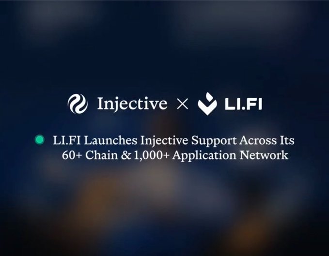 A promotional graphic on a dark blue background displaying the logos for "Injective" and "LI.FI", with text announcing "LI.FI Launches Injective Support Across Its 60+ Chain & 1,000+ Application Network".