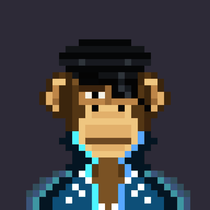 Pixel art portrait of a monkey character wearing a black cap and blue diamond-patterned clothing against a dark purple background.