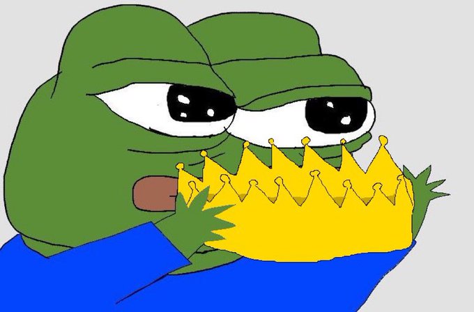 A sad Pepe the Frog character wearing a blue shirt and a golden crown is depicted holding his face, visually representing the self-proclaimed "king" of meme coins, tying into the post's claim that $MEMES is the only meme coin you need.