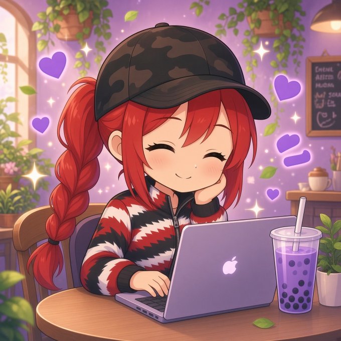 An anime-style illustration shows a smiling girl with red hair, a black cap, and a patterned sweater sitting at a table with a laptop and a cup of bubble tea, surrounded by floating purple hearts.