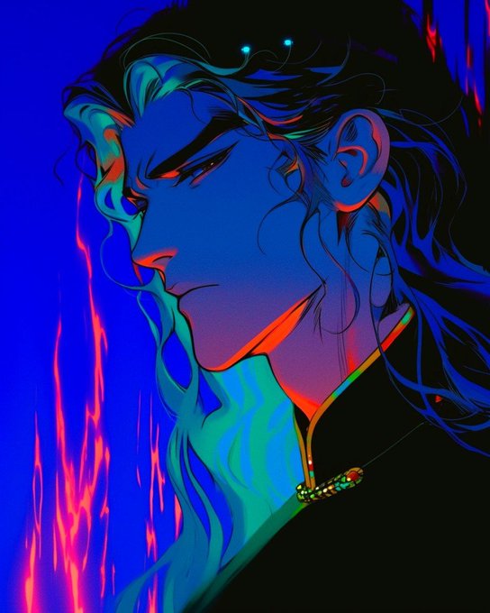 A stylized digital illustration of a man's face in profile, rendered in blue, red, and green neon tones with flowing hair and a gold chain.