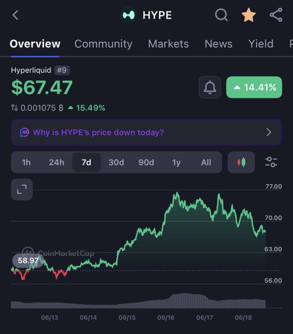 The image shows a stock chart with a price drop, indicating that the cryptocurrency market has experienced a significant decline. The chart displays the price of HOPE falling below $67.47 over time. In the accompanying text, there are mentions of "HYPE" and "coinmarketcap", which could be related to the cryptocurrency or stock market in question. The post suggests that people might be buying bags at these low prices due to the market conditions.