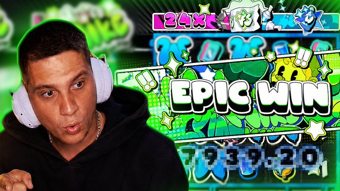A YouTube thumbnail-style image shows a man with white headphones looking surprised on the left, with a slot machine win screen on the right displaying "1.24X", "EPIC WIN" and "79339.20" in bright green graphics.