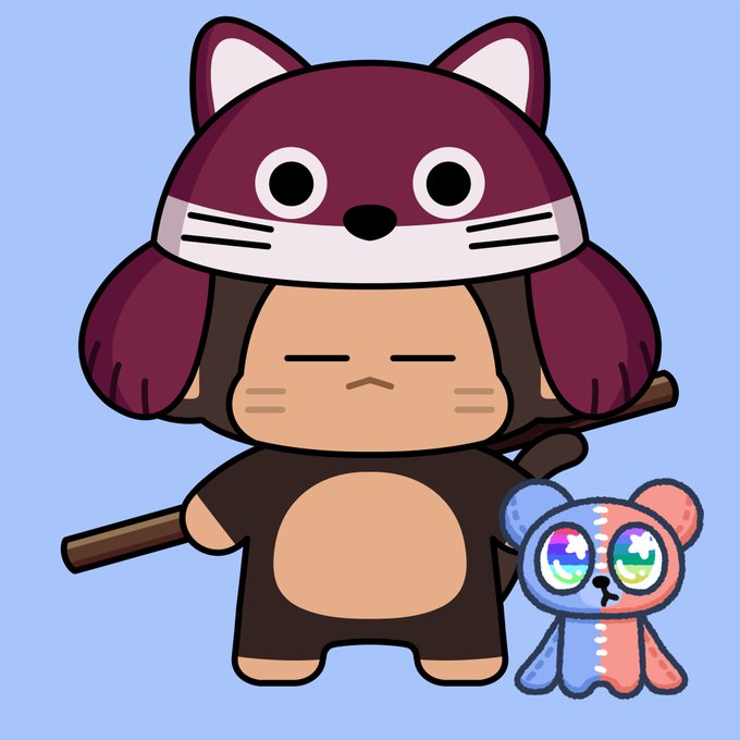 A cartoon character wearing a purple cat-eared hood holds a stick alongside a small pink and blue teddy bear with starry eyes.