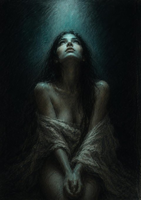 A dark, atmospheric painting portrays a woman with long dark hair and a translucent, draped garment looking upward into a beam of light from above.
