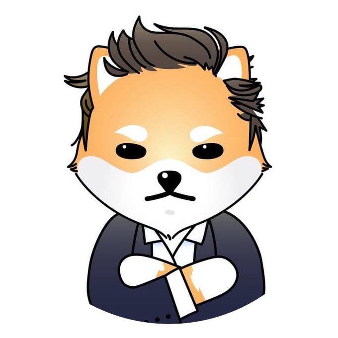 The image shows a cartoon Shiba Inu dog styled like a distinguished businessman, with a well-groomed swooping brown hairstyle, wearing a dark suit jacket over a white collared shirt, and arms confidently crossed. The post "Name something more egalitarian than this" plays on the dog's smug, self-assured pose and human-like corporate appearance, humorously suggesting that even a dog in a suit embodies class, wealth, or status—making true equality seem unattainable.