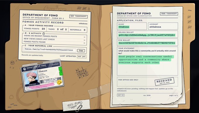 A stylized digital illustration of a folder containing 'Department of FOMO' documents, including a Fomies Activity Record and an application form from user 'G0bakuna'.