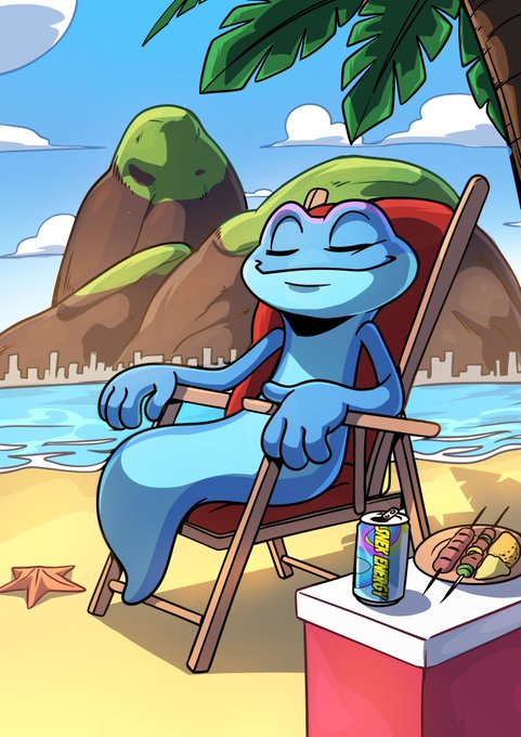 A cartoon illustration of a blue lizard-like creature with a green cap relaxing on a beach chair, with a Monster energy drink and kabobs on a nearby table against a tropical backdrop.