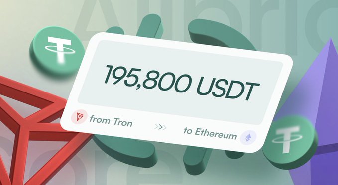 A digital illustration showing a cryptocurrency transfer card displaying '195,800 USDT from Tron to Ethereum', set against a background with green Tether coin icons and blockchain network graphics.