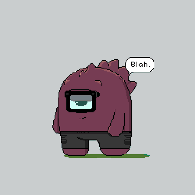 A pixel art image of a maroon Among Us character with a speech bubble that says 'Blah.'