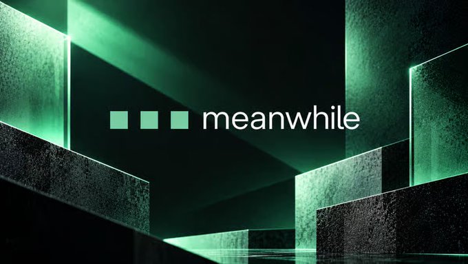 A stylized '... meanwhile' graphic with three green dots and white text on a dark green geometric background with textured blocks and light beams.