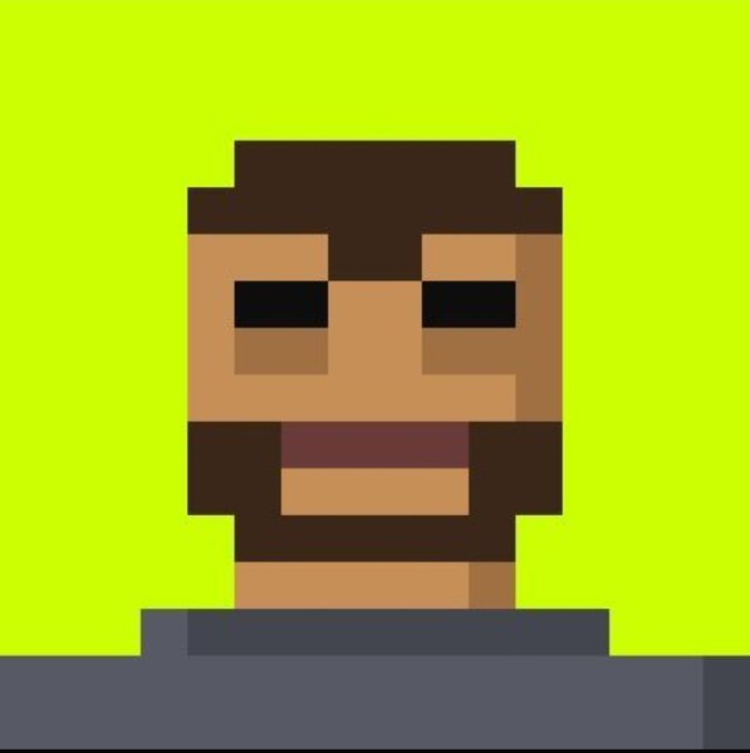 A pixel art illustration of a bearded man's face (resembling the Minecraft 'Steve' style) on a bright yellow-green background.