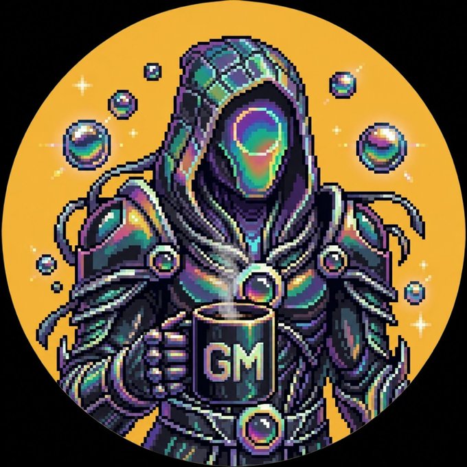 Pixel art illustration of a hooded, armored figure holding a mug labeled 'GM' against an orange circular background with floating bubbles.