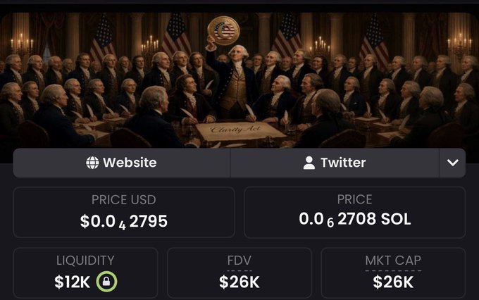 The image displays a DexScreener trading page for the "Clarity Act" token on Solana, showing a price of $0.042795 USD (0.006708 SOL), $12K liquidity, and $26K market cap and FDV, alongside a classical painting depicting a historical American assembly scene that visually reinforces the post's political "Clarity Act" narrative tied to the upcoming September 15 deadline.