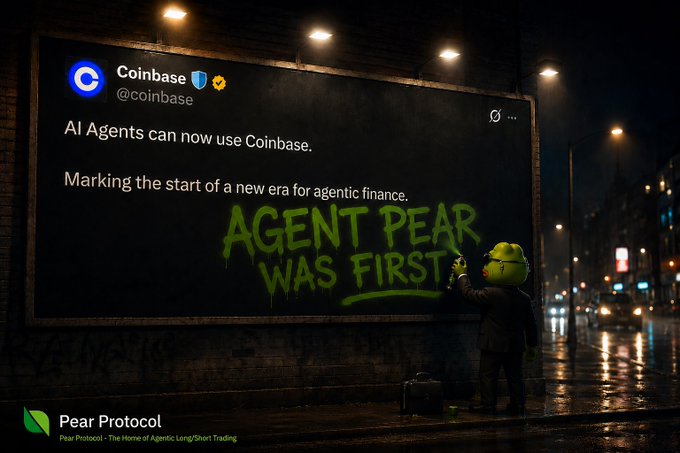 The image features a person standing next to a black billboard that says "Agent Pear was first" written in green graffiti. The person appears to be painting something onto the billboard, possibly an advertisement or message related to Agent Pear's use of agentic trading.