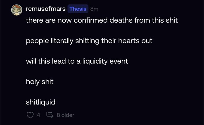 A dark-themed social media post by user 'remusofmars' reading 'there are now confirmed deaths from this shit', 'people literally shitting their hearts out', 'will this lead to a liquidity event', 'holy shit', 'shitliquid'.