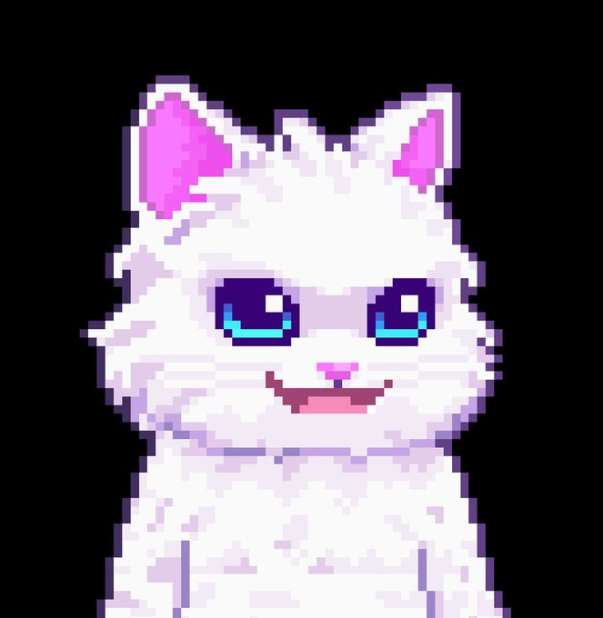 The image features a cute cat with white fur, blue eyes, and pink ears. The cat appears to be smiling at the camera, giving off a friendly vibe. The background of the image is black, which contrasts nicely with the white fur of the cat. There are no texts or other objects in the image, making it a simple yet engaging visual experience for viewers.