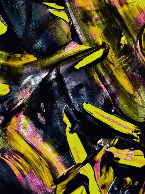 An abstract painting or digital artwork featuring thick, dynamic brushstrokes in vibrant yellow, black, and pink colors.