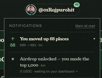 A screenshot of a notification panel from user @orRajpurohit showing notifications including 'You moved up 68 places' and an unlocked airdrop for making the top 1,000.