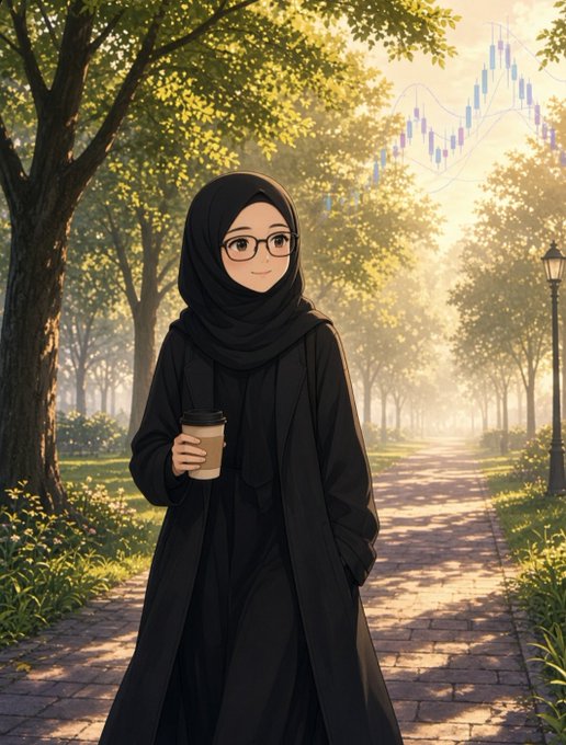An anime-style illustration of a smiling woman wearing a black hijab and glasses, holding a coffee cup on a sunlit, tree-lined path with a candlestick chart graphic floating in the background.