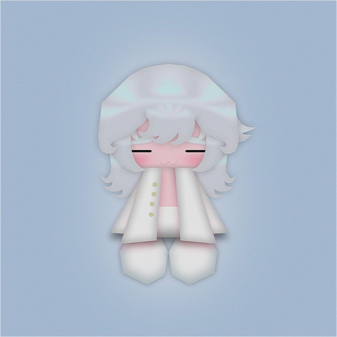 A chibi-style character with fluffy white hair and a matching white coat stands against a soft blue background, hands peacefully tucked behind its back. The serene, cute aesthetic complements the cheerful "gm legends" greeting, evoking a calm, friendly "good morning" vibe to the crypto community.