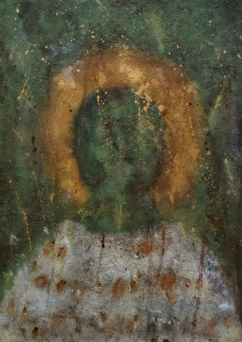 An abstract painting featuring dark green and brown tones with a central circular motif resembling a haloed head.