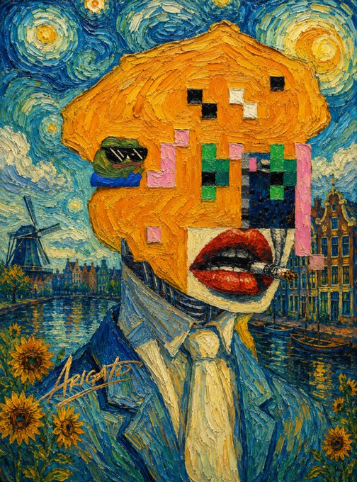 A vibrant, Van Gogh-inspired portrait featuring a figure with an orange, block-shaped head made of Tetris-like pieces, holding a cigarette, wearing sunglasses and a tie, set against a swirling starry sky with sunflowers and Dutch windmills. The artwork is signed "Arigato" in gold script on the lower left.