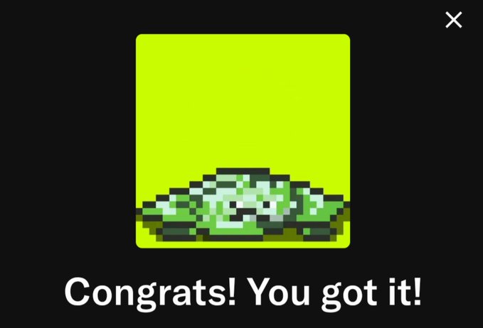 A pixel-art style image on a black background features a lime green square containing a green wave-like form, accompanied by the text 'Congrats! You got it!'