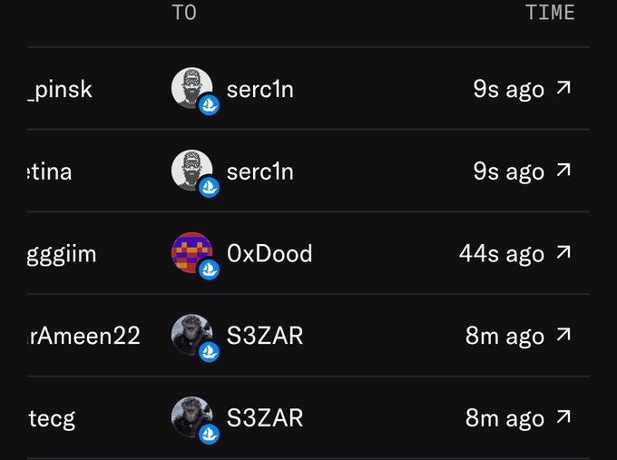 A dark-themed list showing transactions with usernames, avatars, and timestamps such as 'serc1n 9s ago', '0xDood 44s ago', and 'S3ZAR 8m ago'.