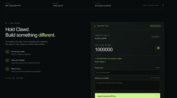 A developer portal webpage for 'Hold Clawd' showing a CLAWD balance of 1000000 on the Solana mainnet network, with a form to 'Apply & generate API key' requiring project name and description.