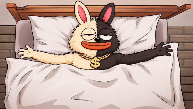 A cartoon illustration of a half-yellow, half-black furry creature with bunny ears, wearing a gold chain with a dollar sign pendant, lying spread-eagle in a bed with white sheets.