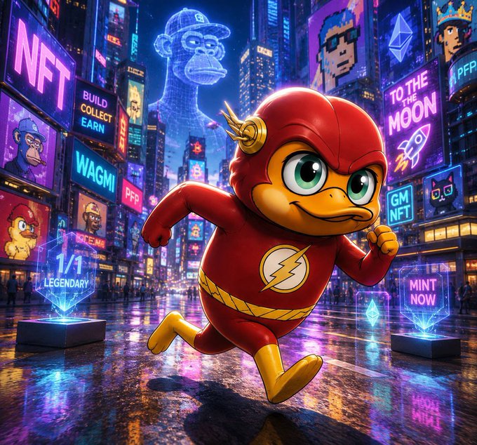 A vibrant digital artwork features a Flash-like superhero character running through a neon-lit cityscape filled with NFT billboards displaying terms like 'BUILD COLLECT EARN,' 'WAGMI,' and 'TO THE MOON,' alongside collectible tokens labeled '1/1 LEGENDARY' and 'MINT NOW.'