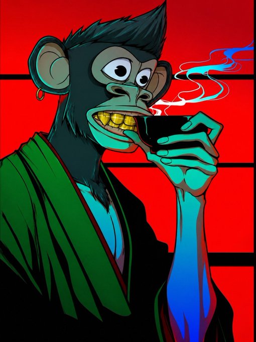 A digital illustration features a cartoon monkey with teal skin, wearing a green robe, drinking from a small black cup with gold teeth showing against a red grid background.