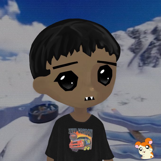 An animated cartoon character with large eyes, small fangs, and a Jeff Gordon #24 NASCAR t-shirt stands against a snowy mountain backdrop.
