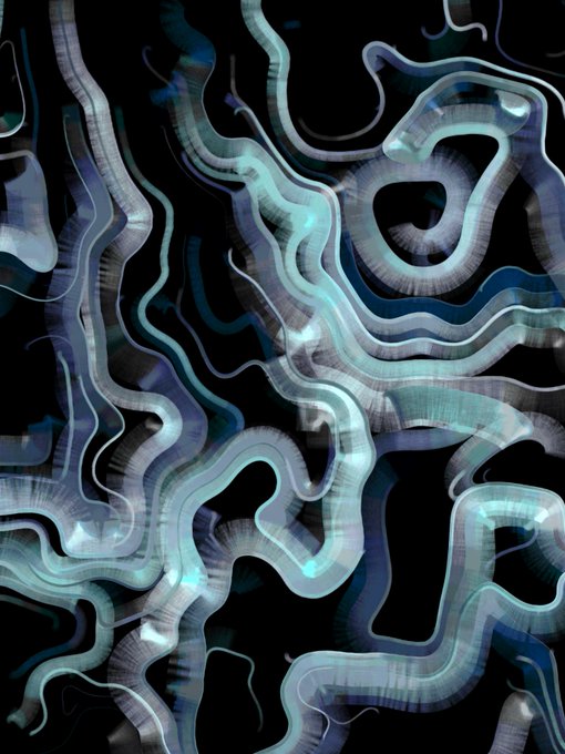 An abstract digital artwork featuring flowing, ribbon-like waves in teal and blue tones swirling against a black background.