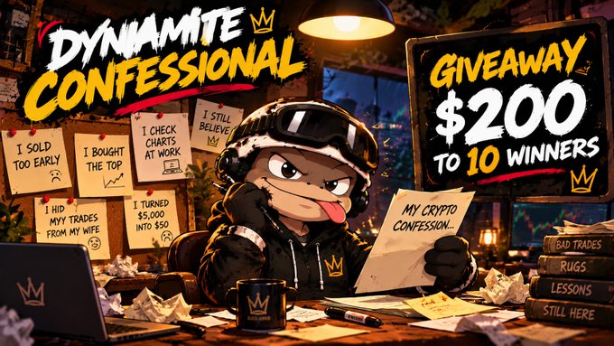 Promotional graphic for the "Dynamite Confessional" giveaway offering $200 to 10 winners ($2,000 total prize pool), featuring a cartoon character with a tongue out surrounded by sticky notes of crypto confessions like "I sold too early," "I bought the top," and "I turned $5,000 into $50." The image relates to the post by celebrating the project crossing $500K market cap with a doubled giveaway (10 winners vs. the last contest's 5).