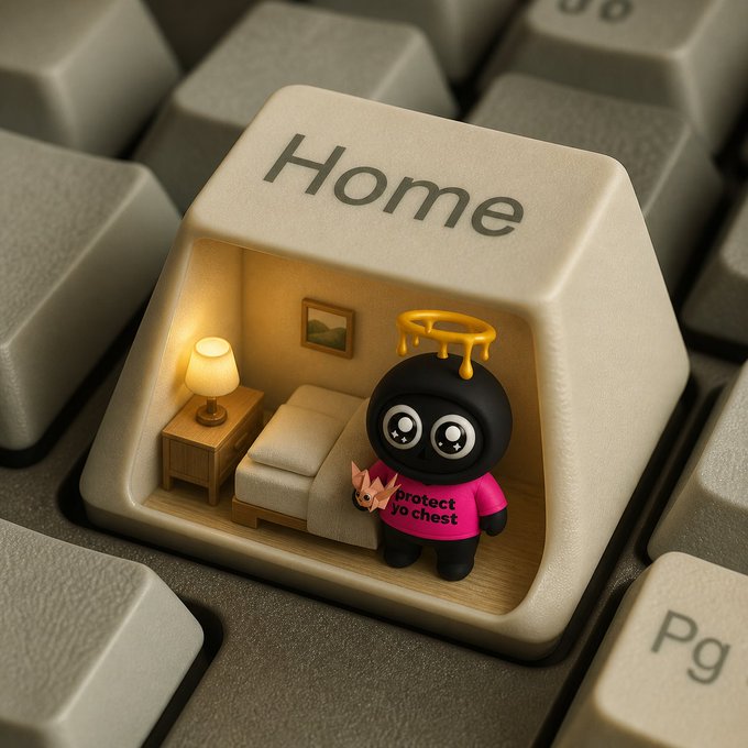 A tiny "Home" keyboard key features a cute character with a halo and a "protect yo chest" shirt standing in a miniature living room with a bed and lamp, while neighboring keys including "Pg" are visible on the keyboard. The image playfully ties into the post's theme of @YoukieVerse making Web3 feel like "home" as they expand omnichain with @unvault.