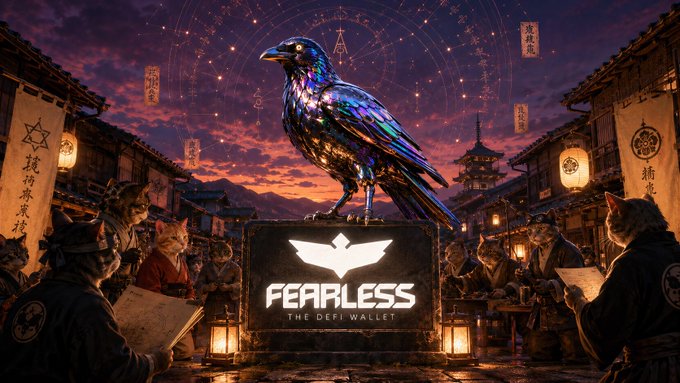 A dramatic digital artwork featuring a large iridescent crow/raven perched on a 'FEARLESS THE DEFI WALLET' logo, set against a Japanese-style village backdrop with anthropomorphic cats in traditional attire.