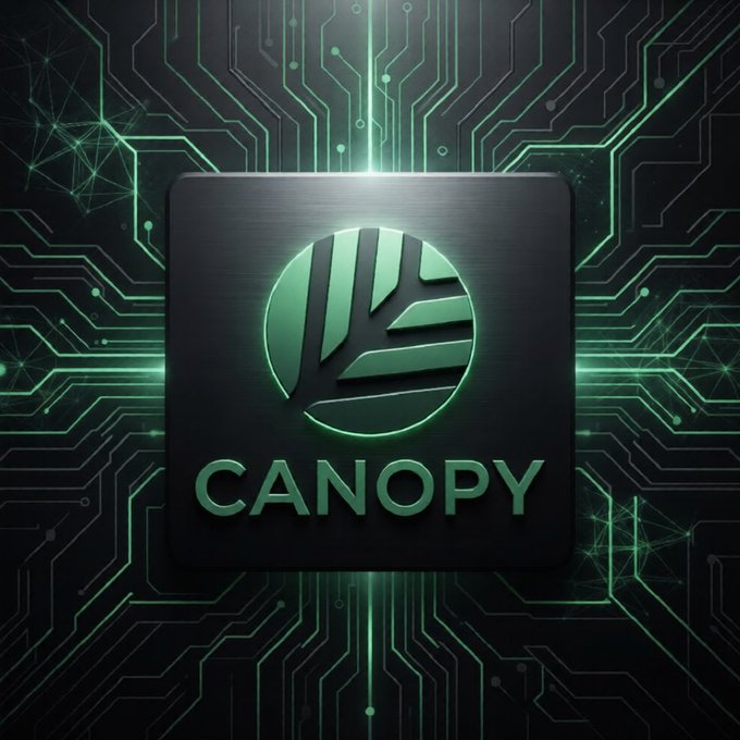 A glowing green circuit board background frames a metallic black square featuring the "CANOPY" logo, with circuit traces radiating outward to symbolize technological connectivity. The image's high-tech aesthetic reinforces the post's message about Canopy Network (@CNPYNetwork) revolutionizing blockchain development through AI-native templates, replacing outdated frameworks with streamlined, AI-integrated solutions.