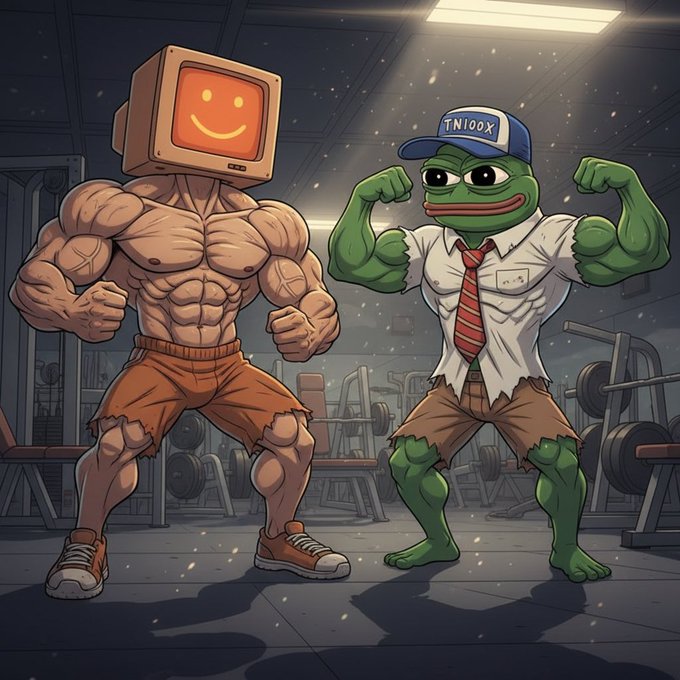 The image features two cartoon characters, one wearing a boxer hat and the other wearing a tie, both flexing their muscles in a gym setting. The caption for the image reads "Probably the ham community!? $BNKR and $TN100X and all em mfers as a backbone is an unbeatable combo." This suggests that the two characters are promoting a fitness or weightlifting program, possibly targeting a specific audience of fitness enthusiasts or those who enjoy a good pun.