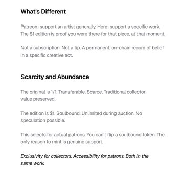 A text excerpt explaining "Patron Editions" as $1, non-transferable, auction-only tokens, featuring sections titled "What's Different" and "Scarcity and Abundance," which contrasts the permanent collector nature of traditional 1/1s with the abundance and accessibility of soulbound patron support.