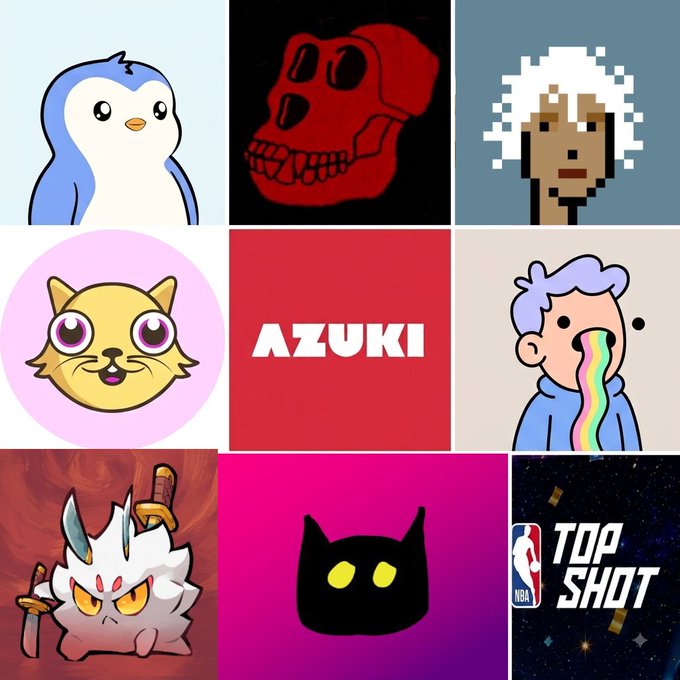A 3x3 grid showcasing various NFT collections with logos and mascots, including Pudgy Penguins, a red skull, a pixelated character, a yellow cat, AZUKI in the center, a rainbow-vomiting character, a sword-wielding creature, a black cat, and NBA Top Shot.